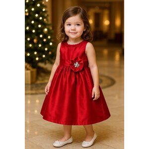 Lilybird Girls 4T Red Satin Holiday Dress Bow Flower Detail Party Formal